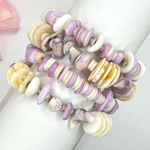 Wampum Quahog Heishi Four Strand Bracelet Slide Lock Clasp Beachy Coastal Shell - Picture 2 of 16